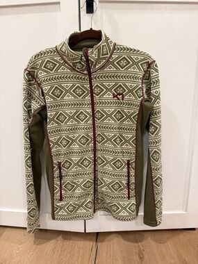 Kari Traa Olive & Cream Patterned Full-Zip Sweater